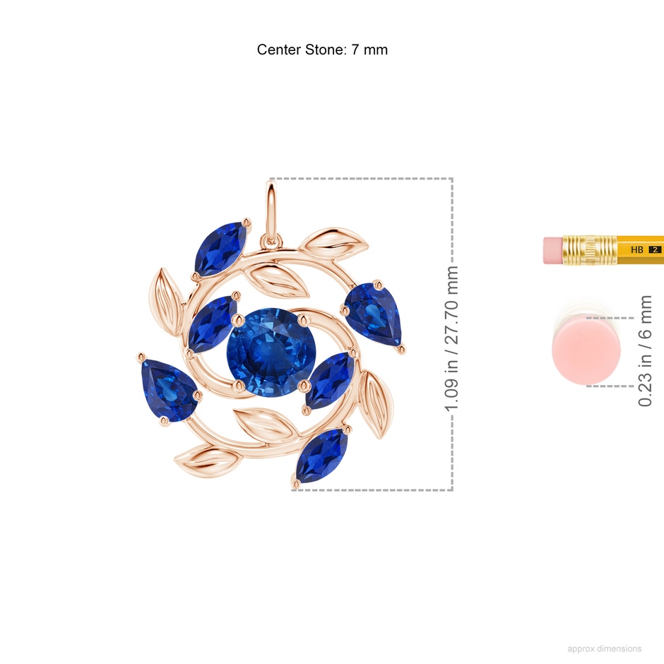 7mm AAA Round and Marquise Sapphire Olive Branch Pendant in Rose Gold ruler