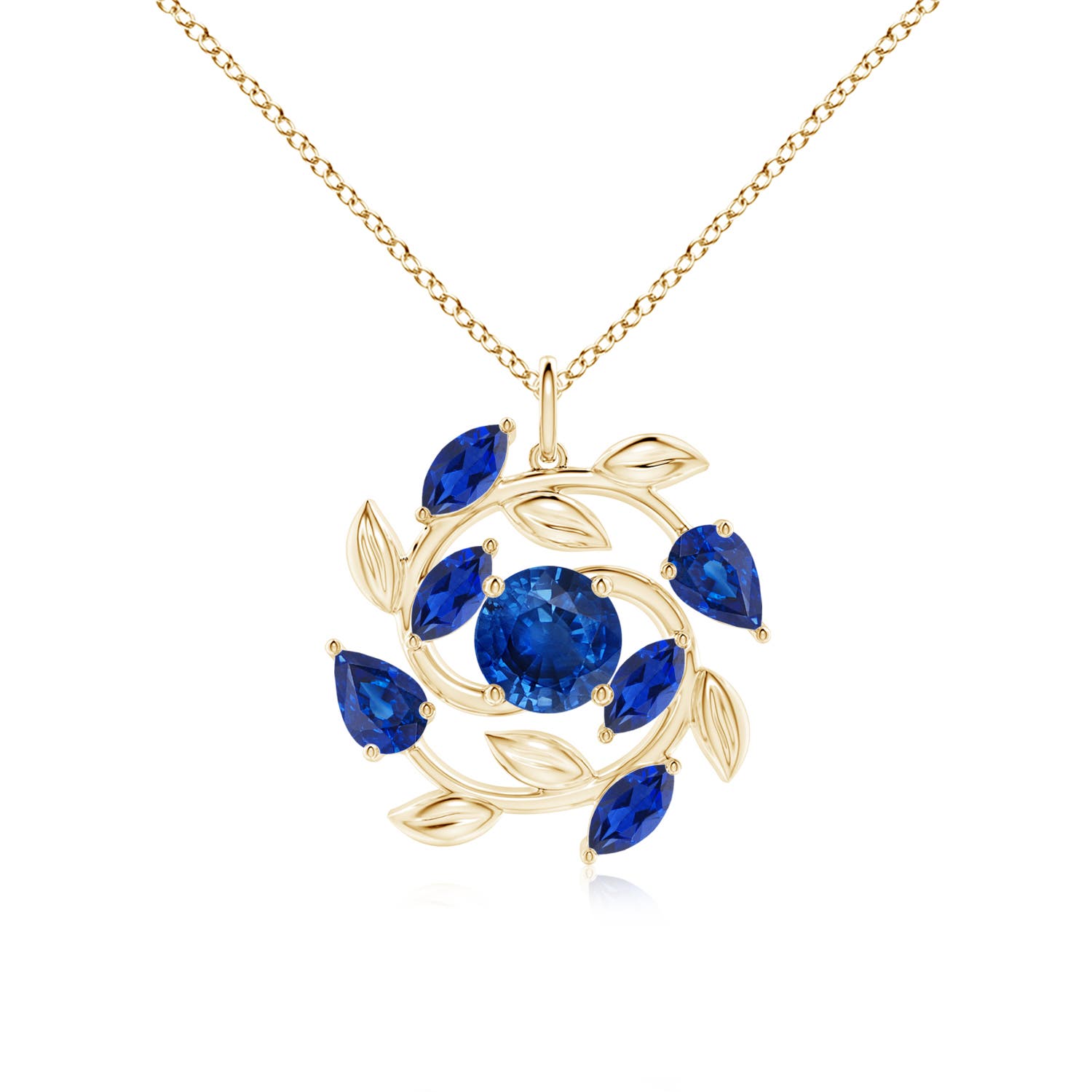 7mm AAA Round and Marquise Sapphire Olive Branch Pendant in Yellow Gold