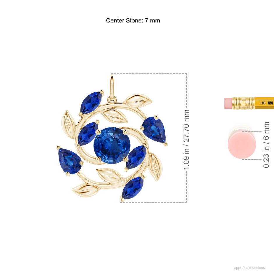 7mm AAA Round and Marquise Sapphire Olive Branch Pendant in Yellow Gold ruler