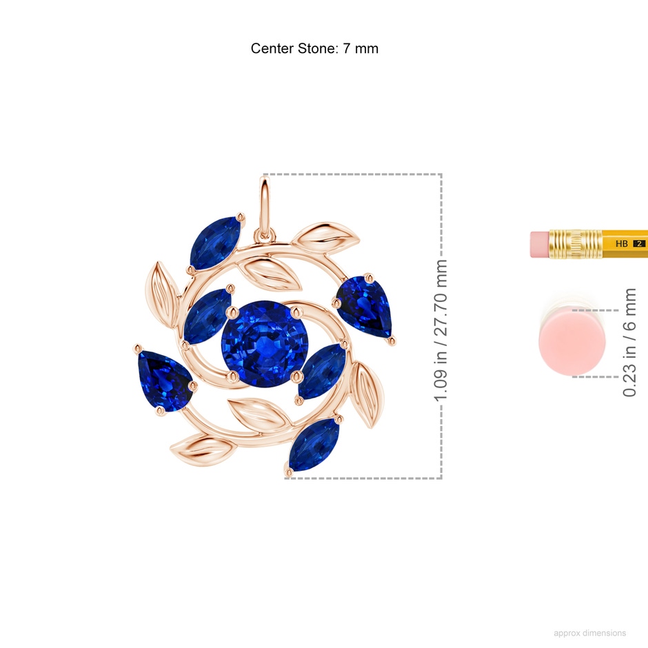 7mm AAAA Round and Marquise Sapphire Olive Branch Pendant in Rose Gold ruler