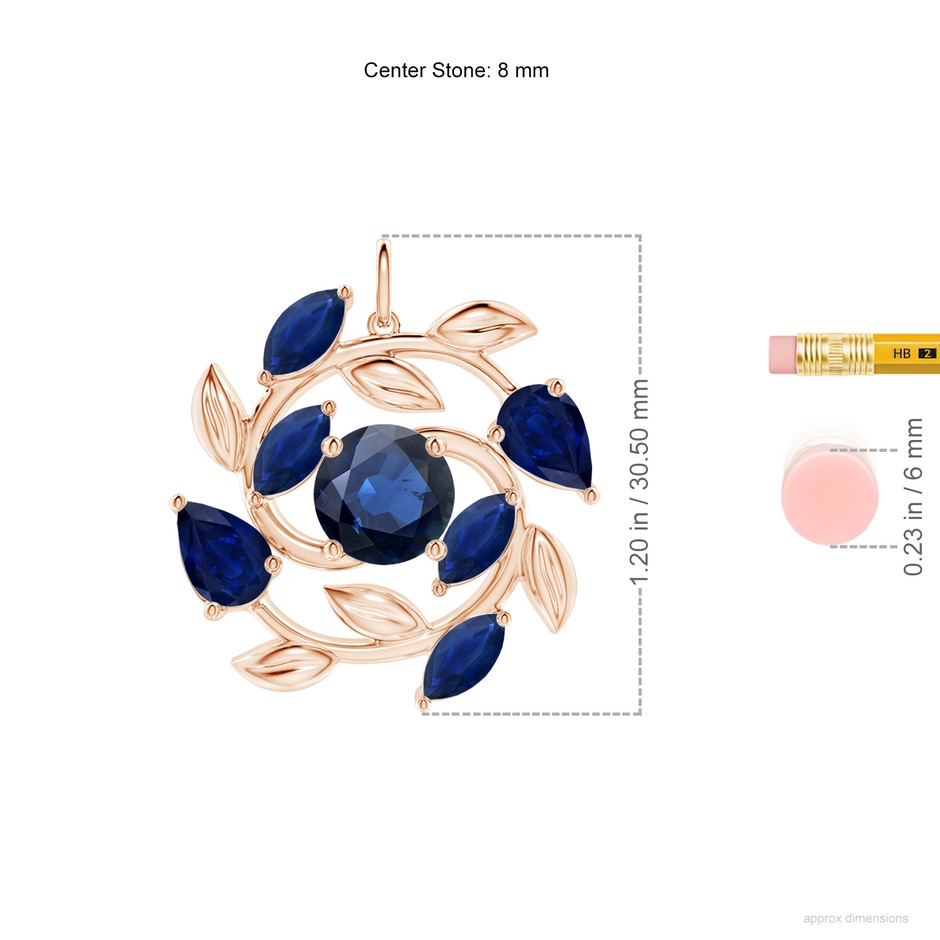 8mm AA Round and Marquise Sapphire Olive Branch Pendant in Rose Gold ruler