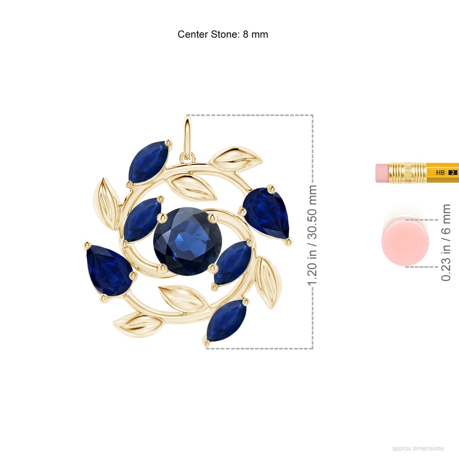 8mm AA Round and Marquise Sapphire Olive Branch Pendant in Yellow Gold ruler
