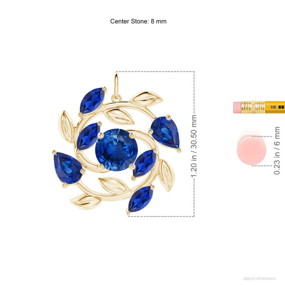 8mm AAA Round and Marquise Sapphire Olive Branch Pendant in Yellow Gold ruler
