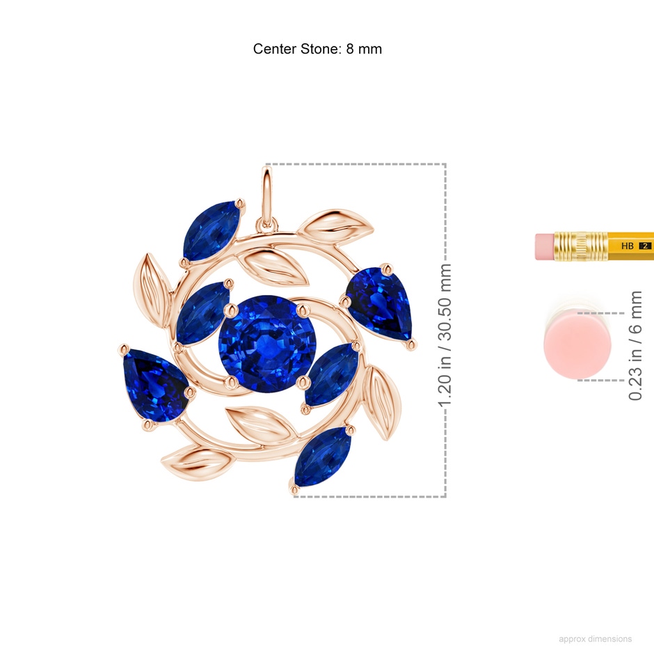 8mm AAAA Round and Marquise Sapphire Olive Branch Pendant in Rose Gold ruler