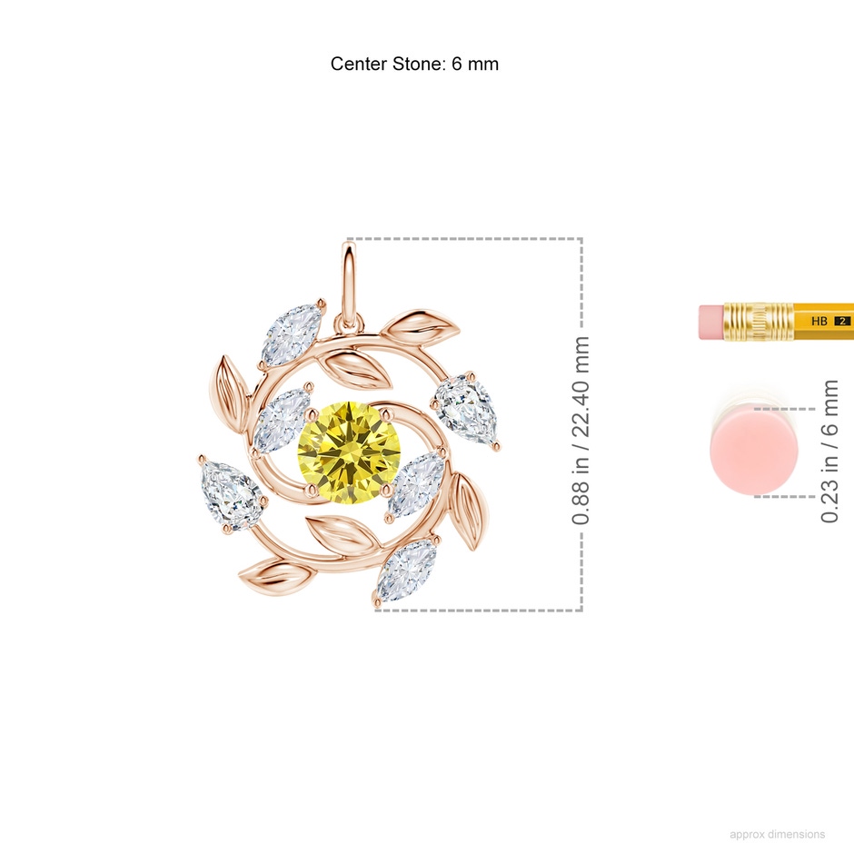 6mm AAAA Fancy Intense Yellow and White Diamond Olive Branch Pendant in Rose Gold ruler