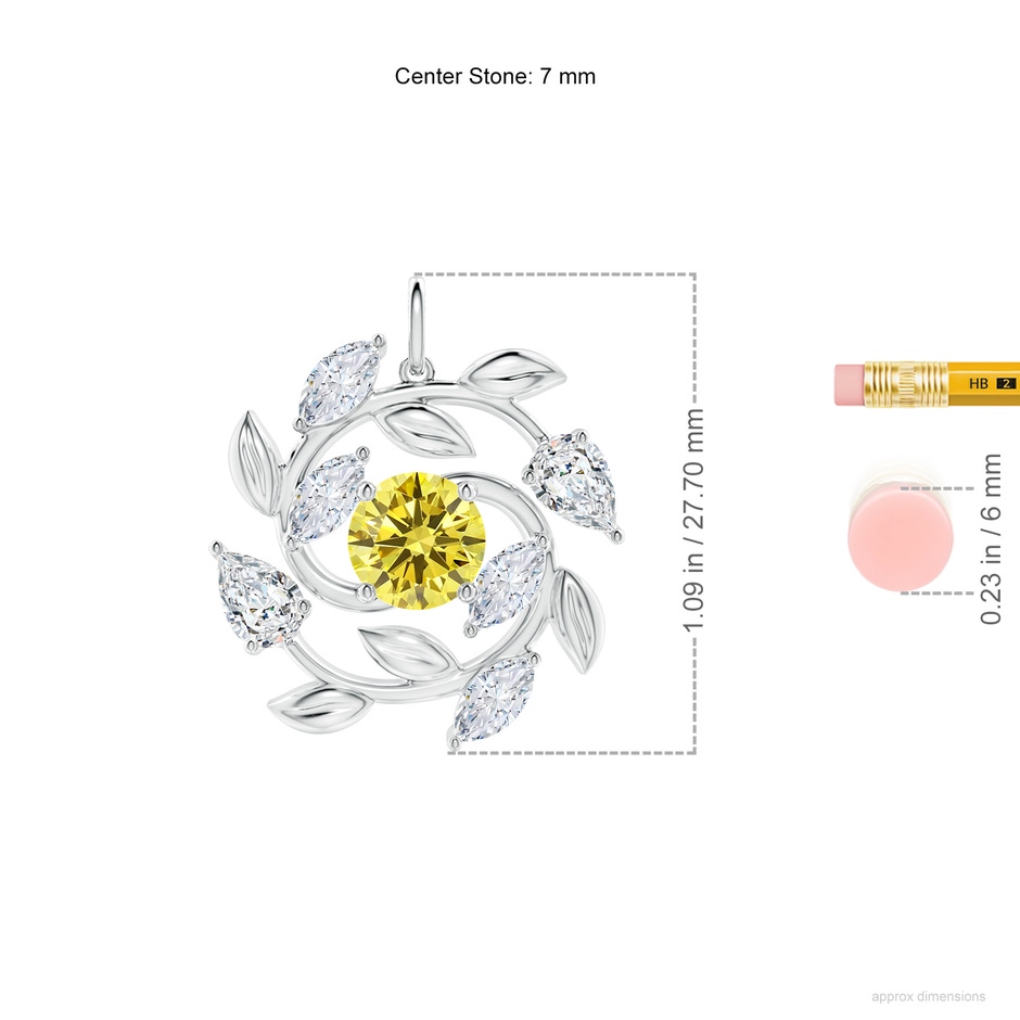 7mm AAAA Fancy Intense Yellow and White Diamond Olive Branch Pendant in P950 Platinum ruler