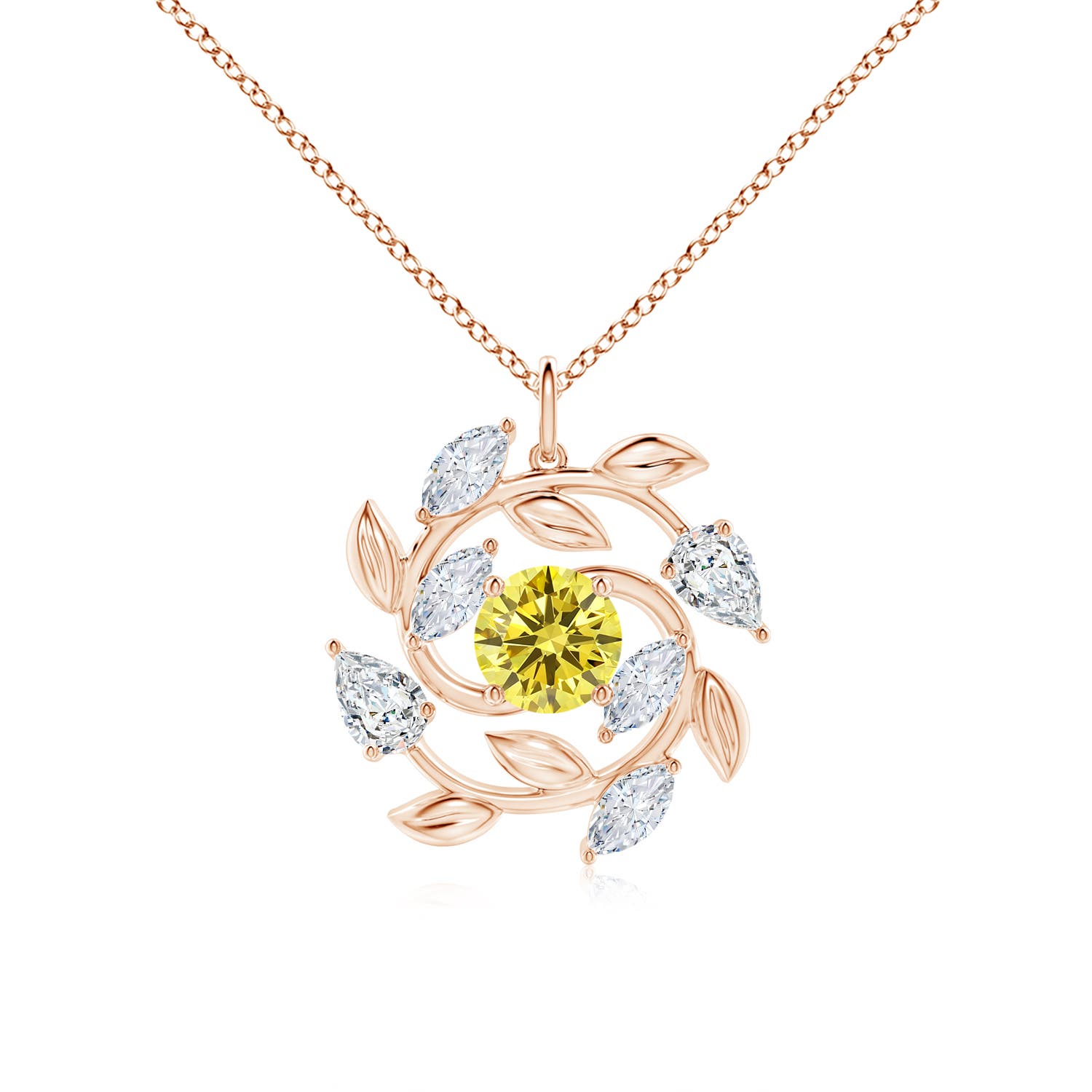 Angara 3.05 CTW Fancy Intense Yellow and White Diamond Olive Branch Pendant in 14K Rose Gold