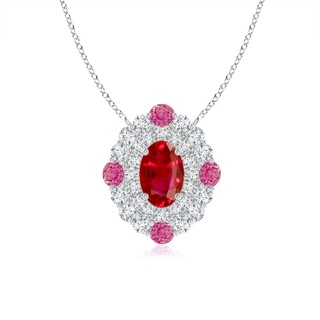 6x4mm AAA Ruby & Pink Sapphire Two Tone Pendant with Double Halo in White Gold