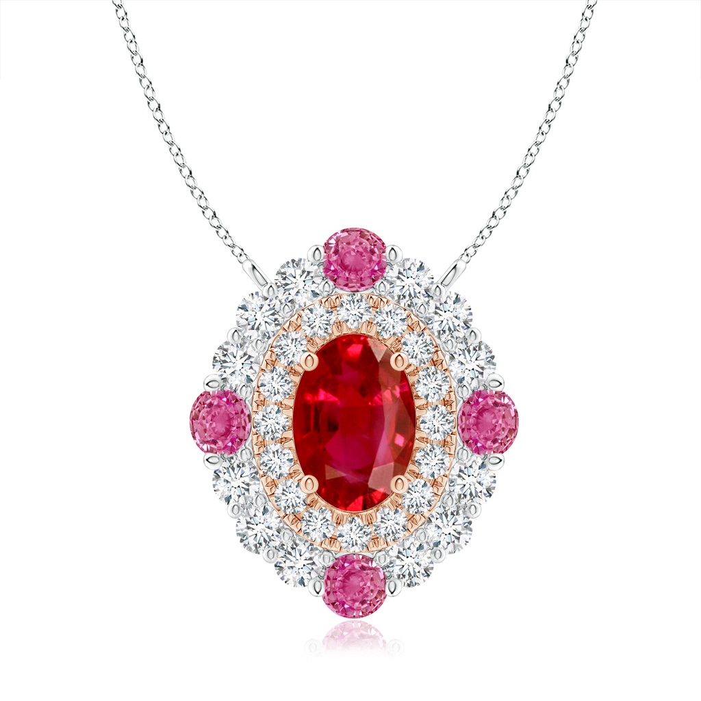 7x5mm AAA Ruby & Pink Sapphire Two Tone Pendant with Double Halo in White Gold Rose Gold