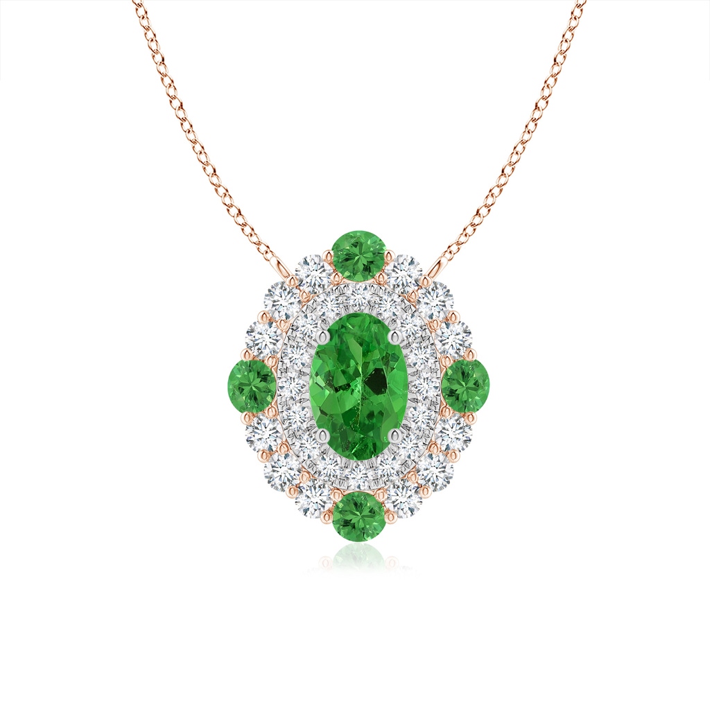 6x4mm AAA Tsavorite & Diamond Two Tone Pendant with Double Halo in Rose Gold White Gold