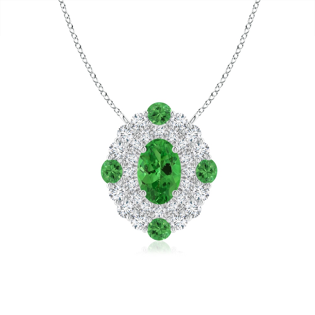 6x4mm AAA Tsavorite & Diamond Two Tone Pendant with Double Halo in White Gold