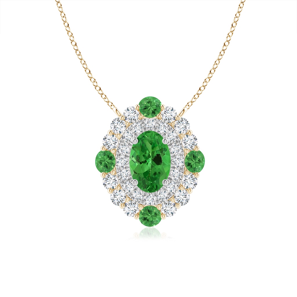 6x4mm AAA Tsavorite & Diamond Two Tone Pendant with Double Halo in Yellow Gold White Gold