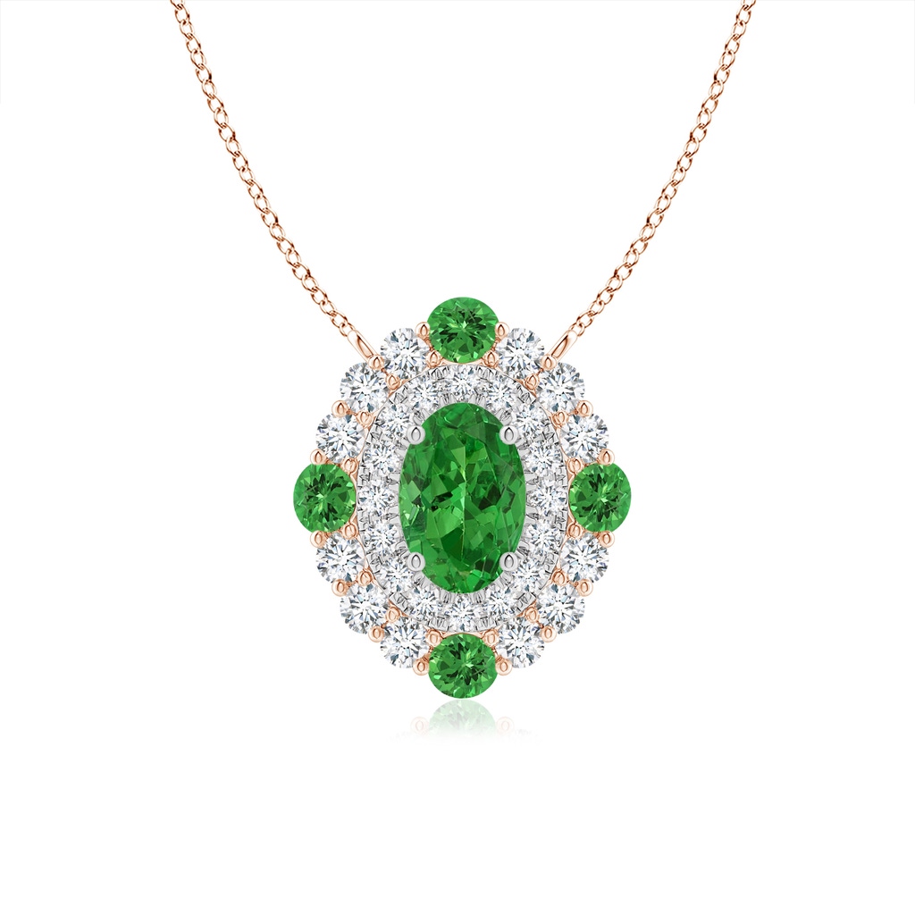 6x4mm AAAA Tsavorite & Diamond Two Tone Pendant with Double Halo in Rose Gold White Gold