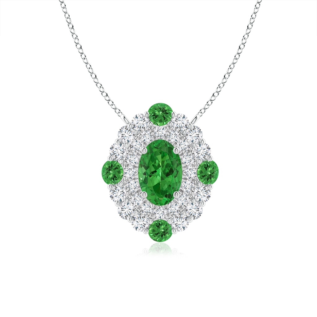 6x4mm AAAA Tsavorite & Diamond Two Tone Pendant with Double Halo in White Gold