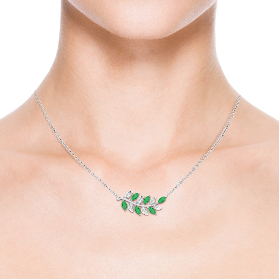 5x2.5mm A Marquise Emerald Olive Branch Pendant in White Gold body-neck