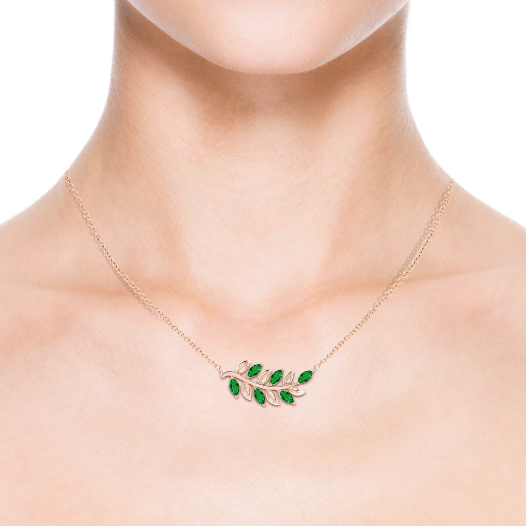 5x2.5mm AAA Marquise Emerald Olive Branch Pendant in Rose Gold Body-Neck