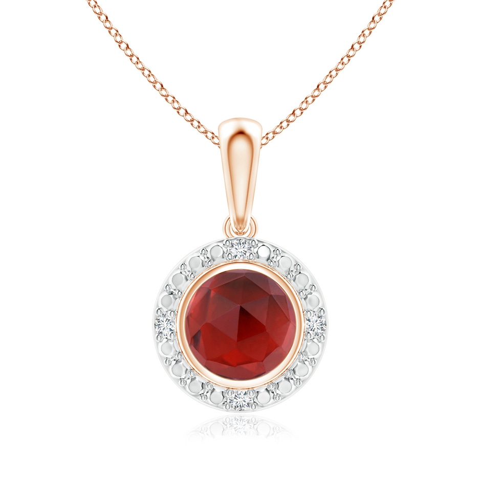 5mm AAA Bezel-Set Round Garnet Pendant with Beaded Halo in Rose Gold 