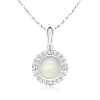 5mm AAA Bezel-Set Round Moonstone Pendant with Beaded Halo in White Gold