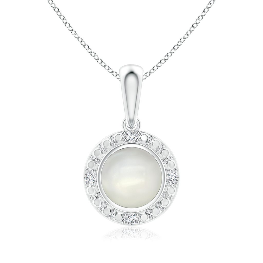 5mm AAAA Bezel-Set Round Moonstone Pendant with Beaded Halo in White Gold