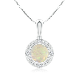 5mm AAA Bezel-Set Round Opal Pendant with Beaded Halo in White Gold