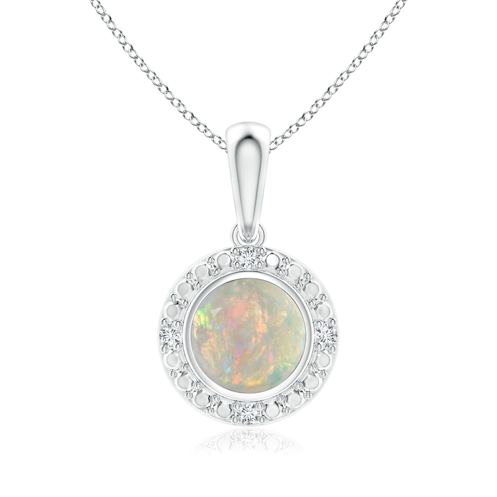 5mm AAAA Bezel-Set Round Opal Pendant with Beaded Halo in White Gold