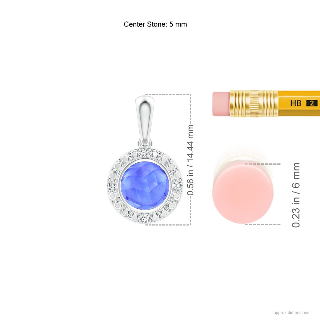 5mm AAA Bezel-Set Round Tanzanite Pendant with Beaded Halo in White Gold Ruler