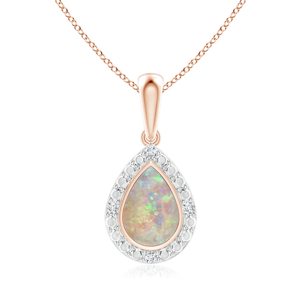 6x4mm AAAA Bezel-Set Pear-Shaped Opal Pendant with Beaded Halo in Rose Gold