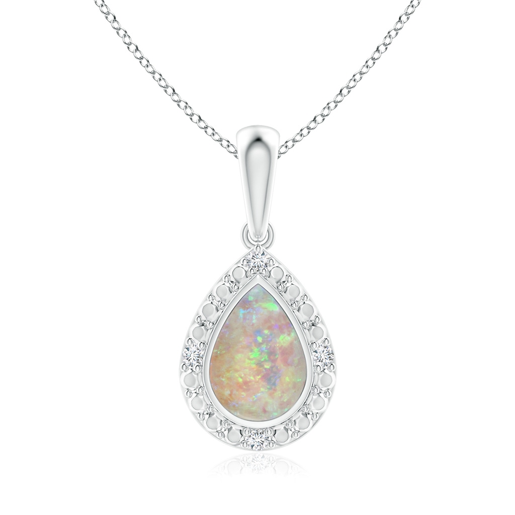 6x4mm AAAA Bezel-Set Pear-Shaped Opal Pendant with Beaded Halo in White Gold