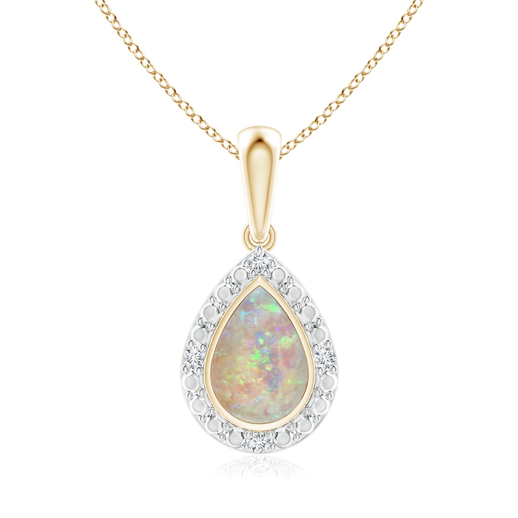 6x4mm AAAA Bezel-Set Pear-Shaped Opal Pendant with Beaded Halo in Yellow Gold