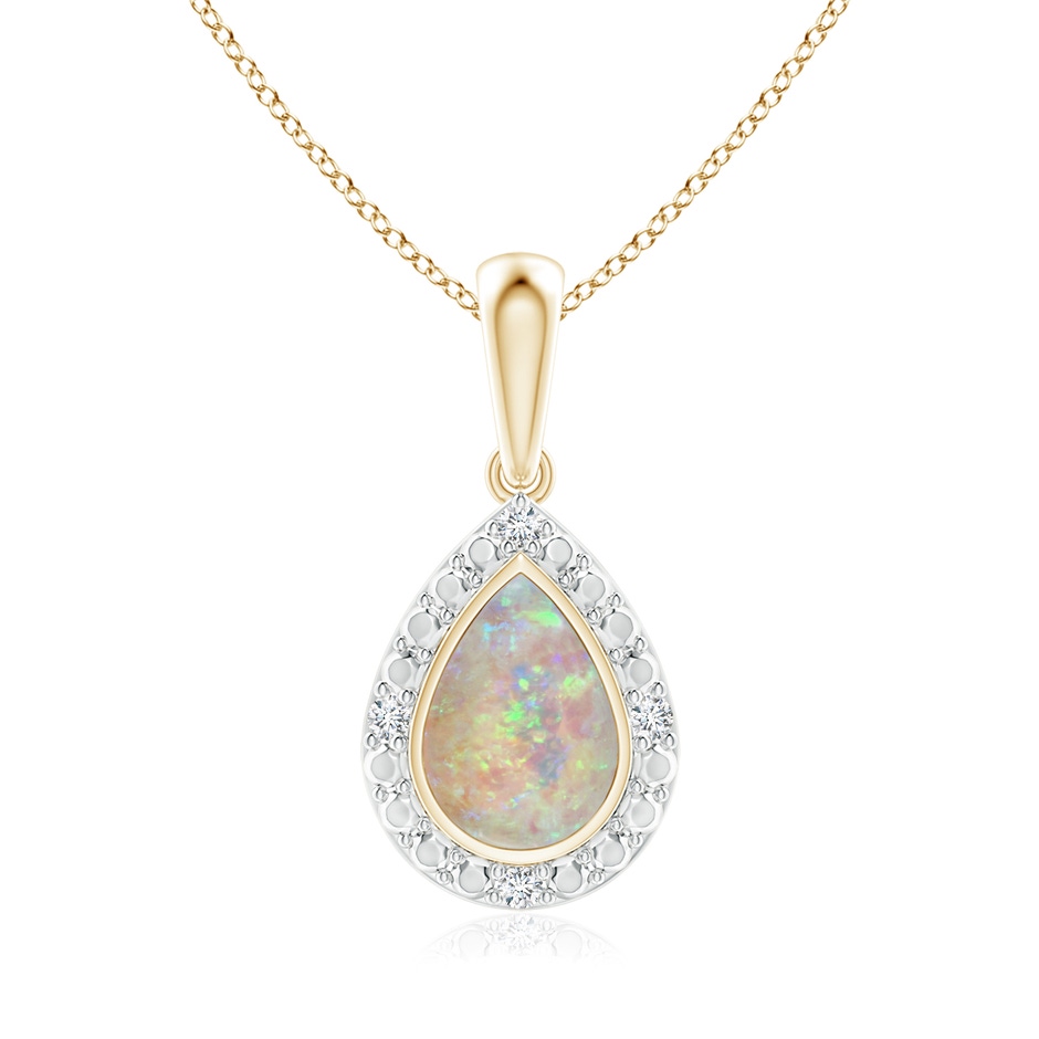 6x4mm AAAA Bezel-Set Pear-Shaped Opal Pendant with Beaded Halo in Yellow Gold 