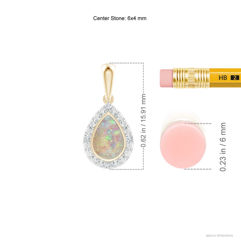 6x4mm AAAA Bezel-Set Pear-Shaped Opal Pendant with Beaded Halo in Yellow Gold ruler