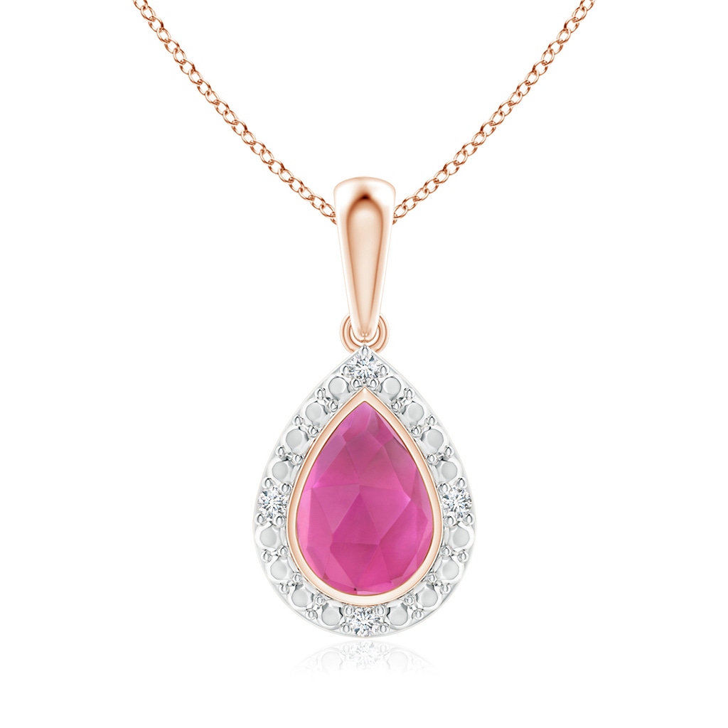 6x4mm AAA Bezel-Set Pear-Shaped Pink Tourmaline Pendant with Beaded Halo in Rose Gold