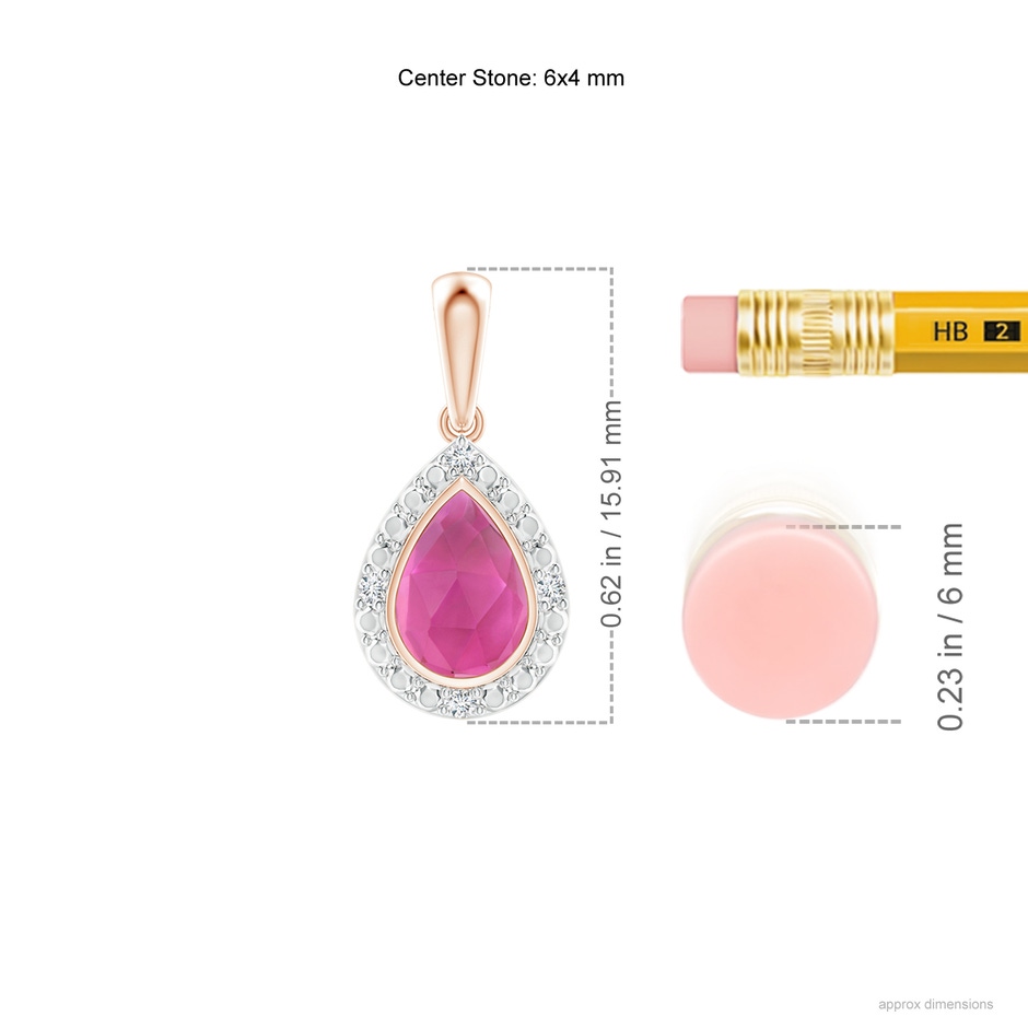 6x4mm AAA Bezel-Set Pear-Shaped Pink Tourmaline Pendant with Beaded Halo in Rose Gold ruler