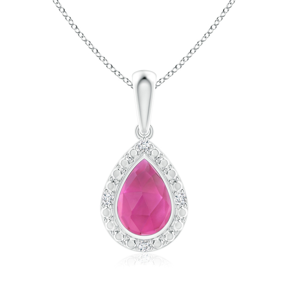 6x4mm AAA Bezel-Set Pear-Shaped Pink Tourmaline Pendant with Beaded Halo in White Gold 