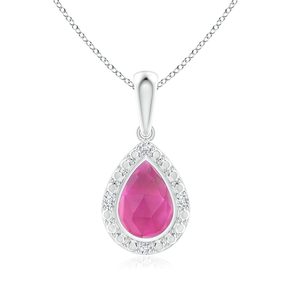 6x4mm AAA Bezel-Set Pear-Shaped Pink Tourmaline Pendant with Beaded Halo in White Gold