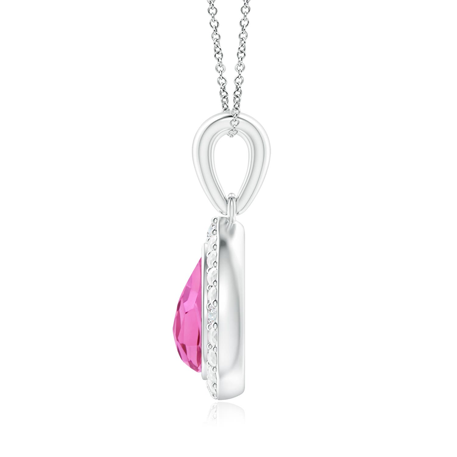 6x4mm AAA Bezel-Set Pear-Shaped Pink Tourmaline Pendant with Beaded Halo in White Gold - side 1