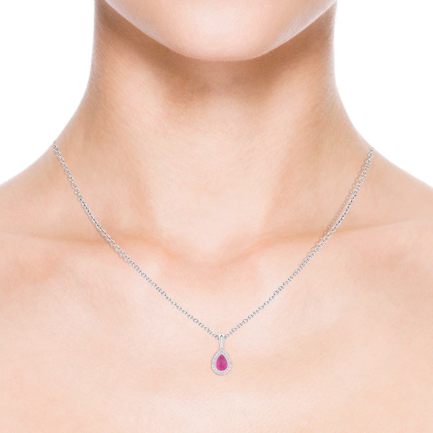 6x4mm AAA Bezel-Set Pear-Shaped Pink Tourmaline Pendant with Beaded Halo in White Gold - body_view 3