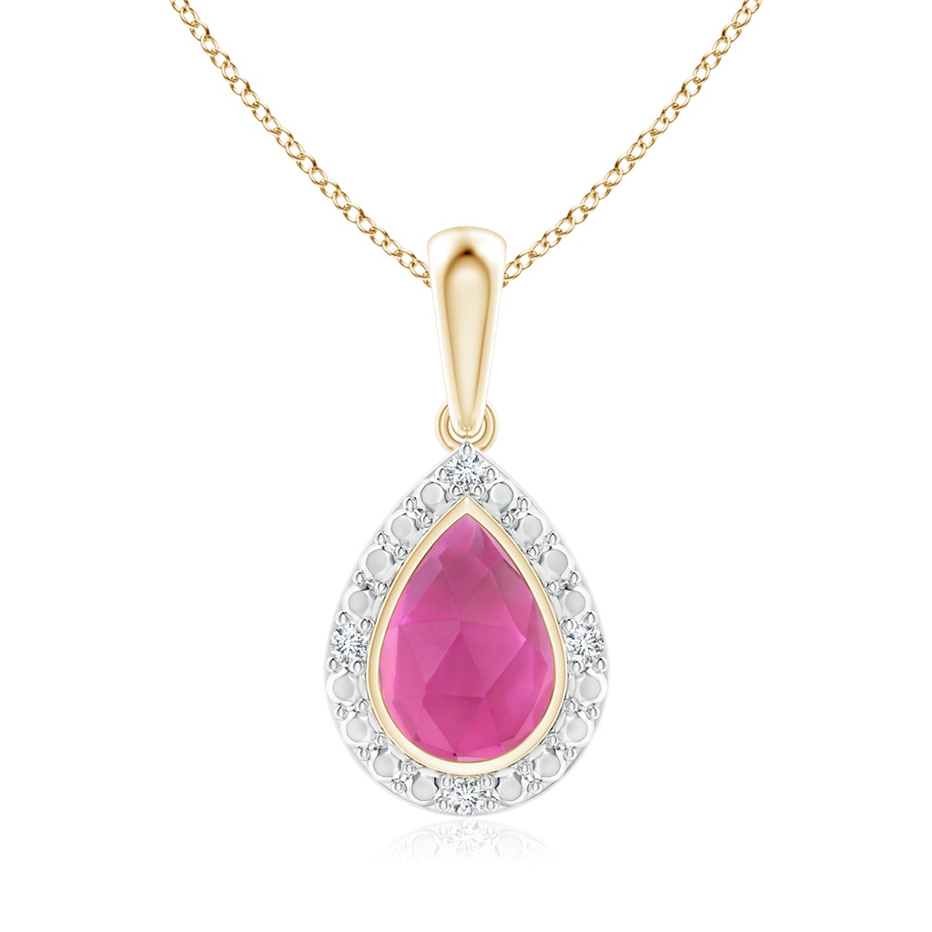 6x4mm AAA Bezel-Set Pear-Shaped Pink Tourmaline Pendant with Beaded Halo in Yellow Gold