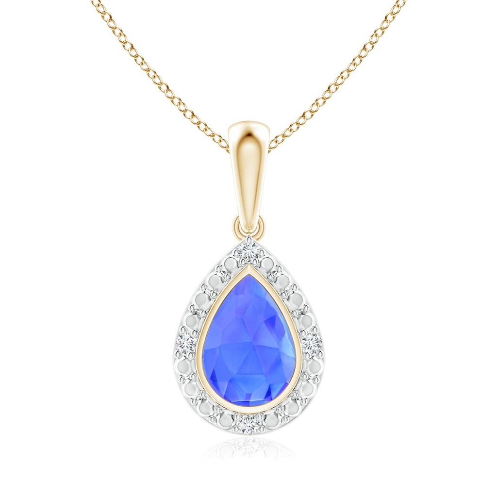 6x4mm AAA Bezel-Set Pear-Shaped Tanzanite Pendant with Beaded Halo in Yellow Gold