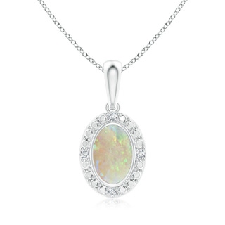 6x4mm AAA Bezel-Set Oval Opal Pendant with Beaded Halo in White Gold