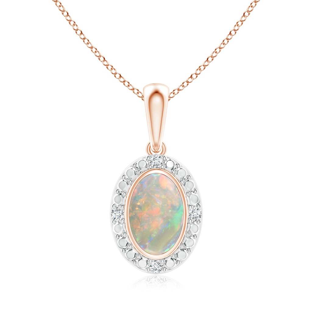 6x4mm AAAA Bezel-Set Oval Opal Pendant with Beaded Halo in Rose Gold