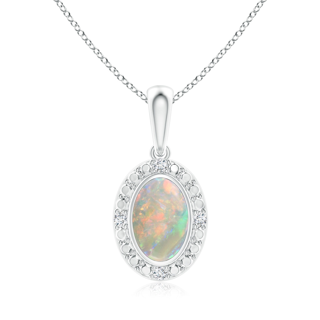 6x4mm AAAA Bezel-Set Oval Opal Pendant with Beaded Halo in White Gold 