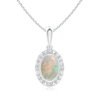 6x4mm AAAA Bezel-Set Oval Opal Pendant with Beaded Halo in White Gold