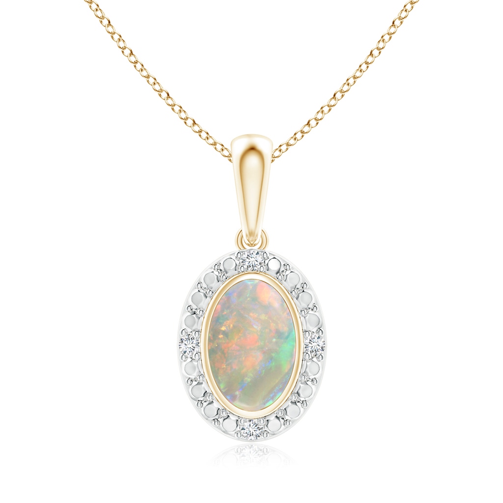 6x4mm AAAA Bezel-Set Oval Opal Pendant with Beaded Halo in Yellow Gold