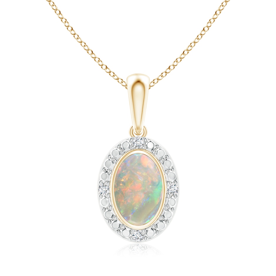 6x4mm AAAA Bezel-Set Oval Opal Pendant with Beaded Halo in Yellow Gold 