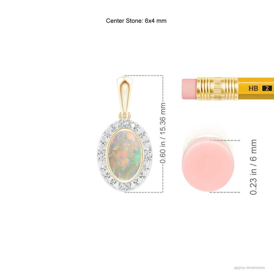 6x4mm AAAA Bezel-Set Oval Opal Pendant with Beaded Halo in Yellow Gold ruler