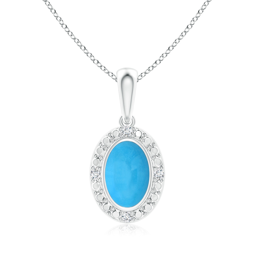 6x4mm AAA Bezel-Set Oval Turquoise Pendant with Beaded Halo in White Gold 