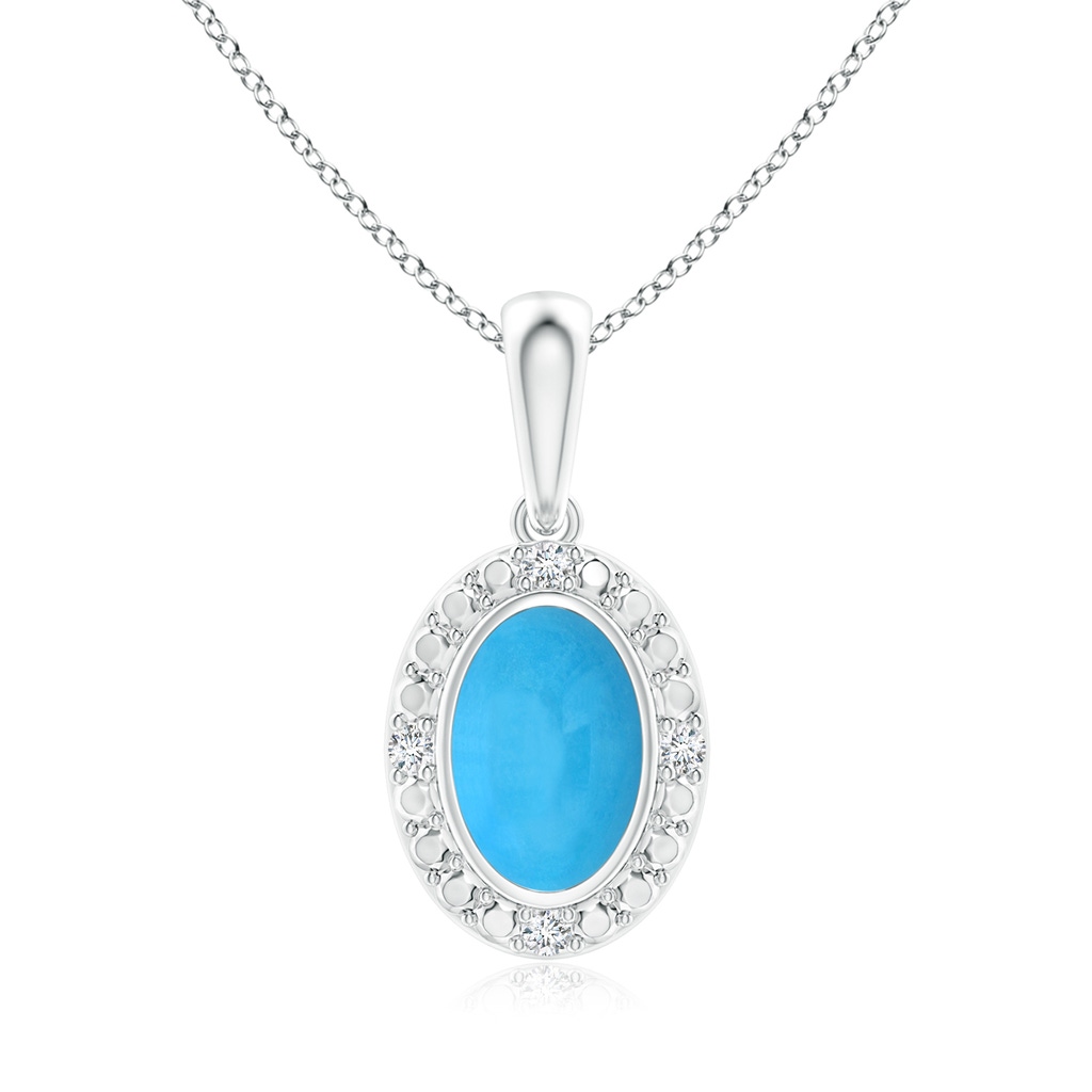 6x4mm AAA Bezel-Set Oval Turquoise Pendant with Beaded Halo in White Gold