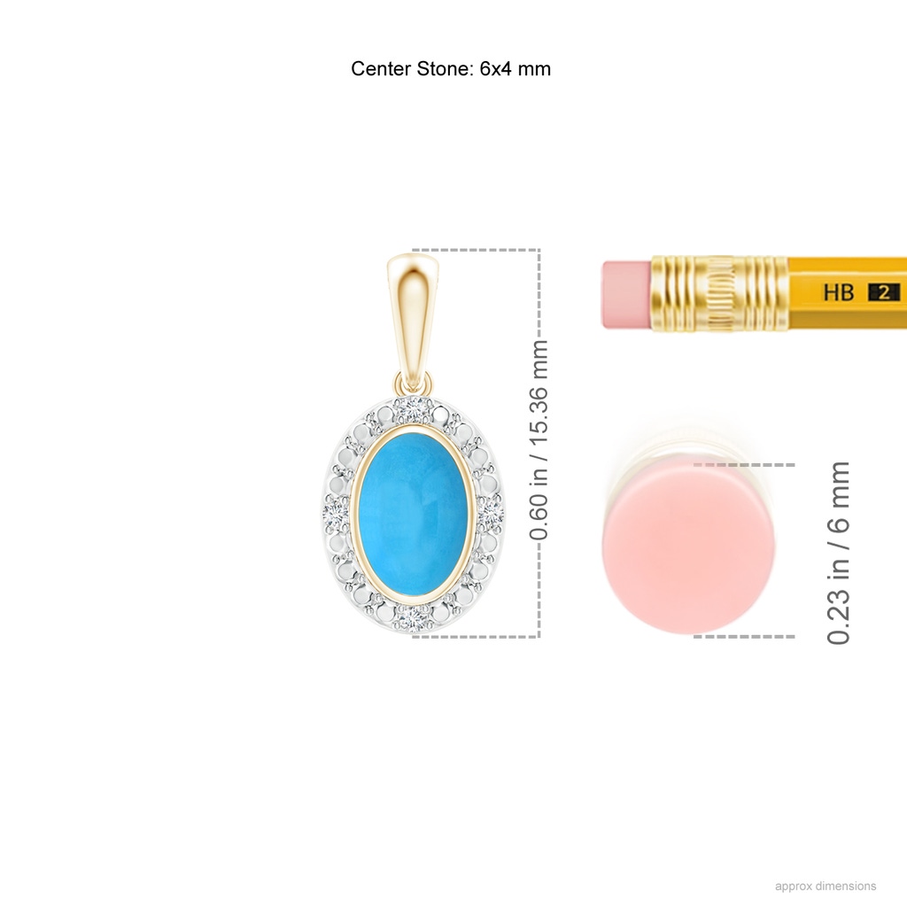 6x4mm AAA Bezel-Set Oval Turquoise Pendant with Beaded Halo in Yellow Gold Ruler