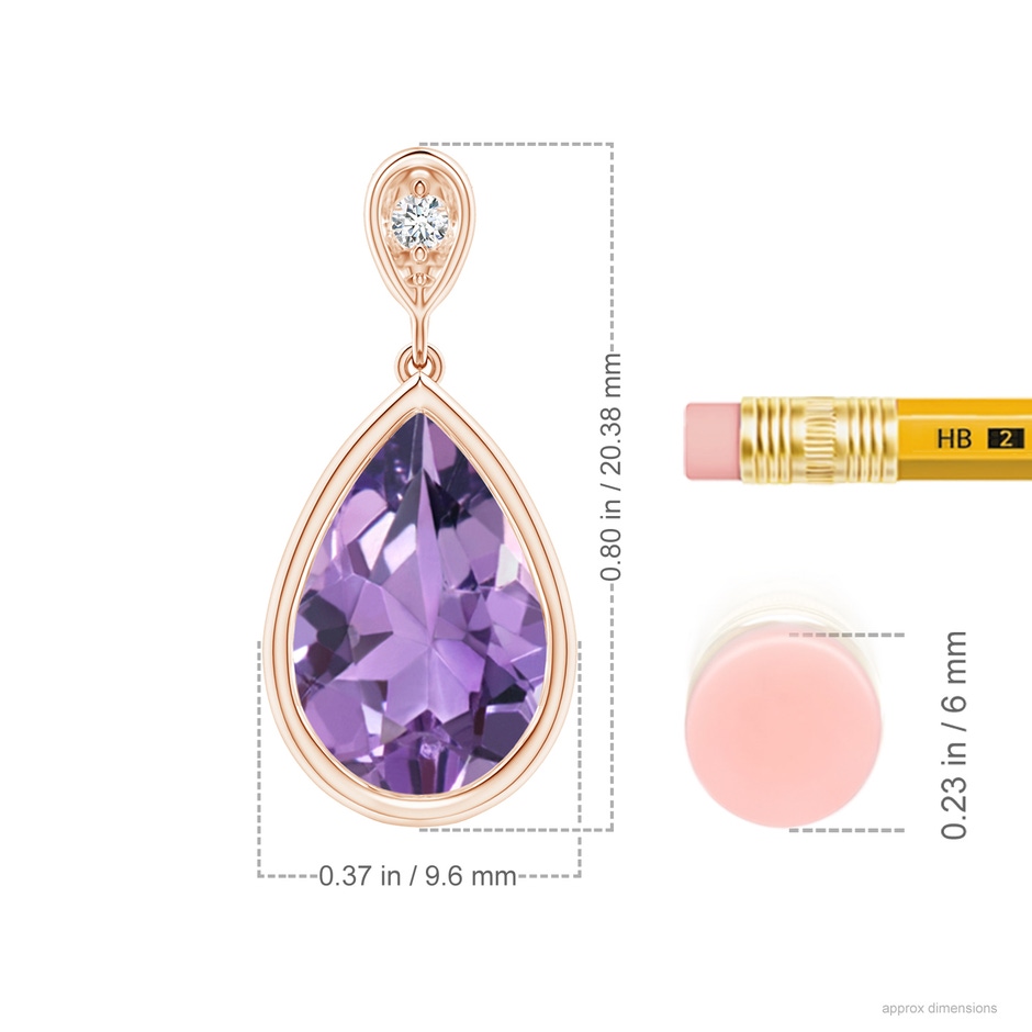 12x8mm A Bezel-Set Amethyst Teardrop Pendant with Diamond in Rose Gold ruler